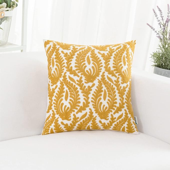 HWY 50 Mustard Yellow Decorative Throw Pillow Covers 18x18 Inch, Pack of 2 Embroidered Cotton Farmhouse Cushion Cover Pillow Case for Sofa Couch Living Room Bed Bedroon, Accent Branches