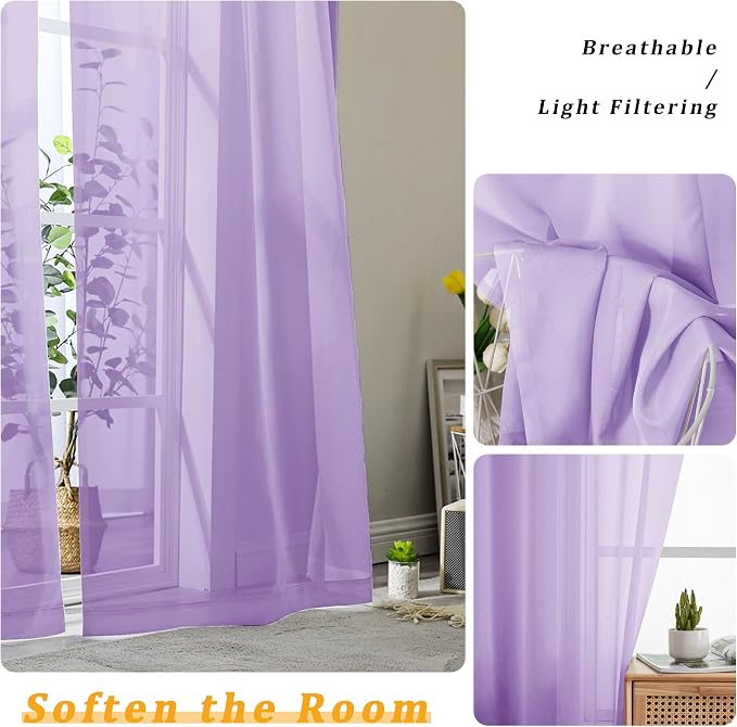 Gwine Lilac Sheer Kitchen Curtains 36 Inch Length, Light Filtering Voile Soft - Image 3