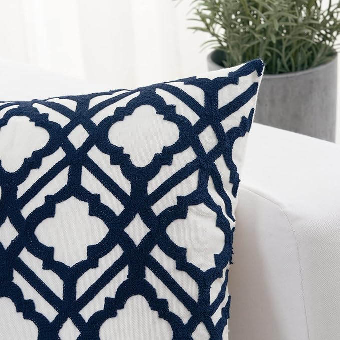 HWY 50 Dark Blue Decorative Throw Pillow Covers 18x18 Inch, Pack of 2 Embroidered Cotton Farmhouse Cushion Cover Pillow Case for Sofa Couch Living Room Bed Bedroon, Trellis