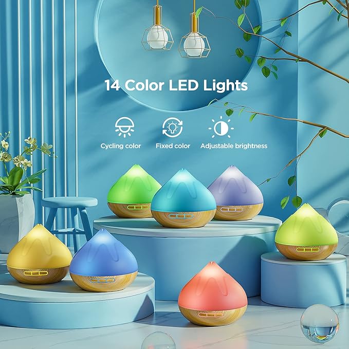 Aroma Diffuser with Essential Oils Set, 500 ML Essential Oil Diffuser with Remote Control, Humidifier with 14 Color Lights for Large Room, 4 Timer Setting, Auto Shut-Off