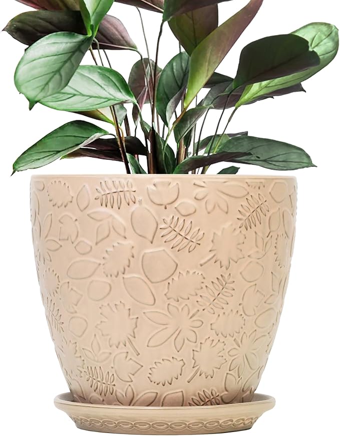 10inch Retro Ceramic Planter with Drainage Hole and Saucer for Multiple Plants, Indoor-Outdoor Garden Pots for Succulent, Orchid, and Flower (Fits Inner Pots Up to 9 Inch, Retro Peach)