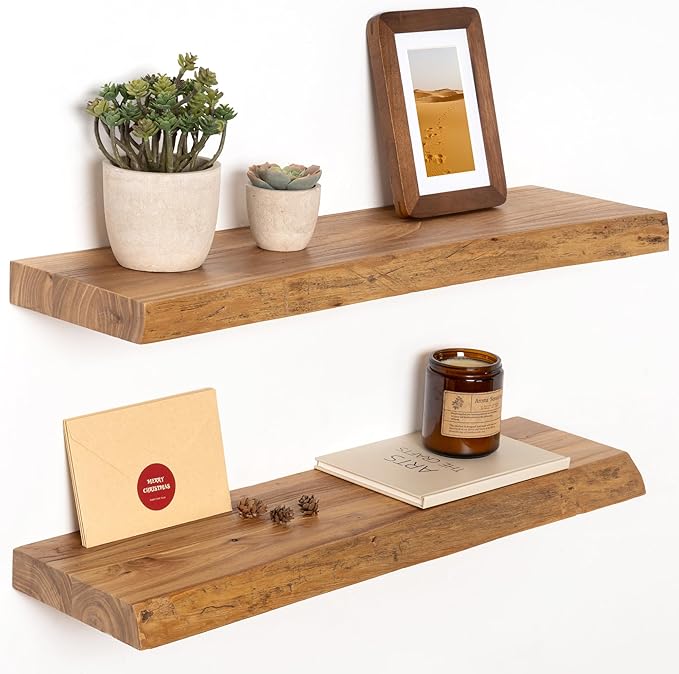 24" Floating Shelves, Live Edge Solid Elm Wood Floating Shelf, Wall Mounted Display Shelves with Heavy-Duty Bracket for Books, Rustic Wooden Shelf for Kitchen, Bathroom, Natural Color, Set of 2