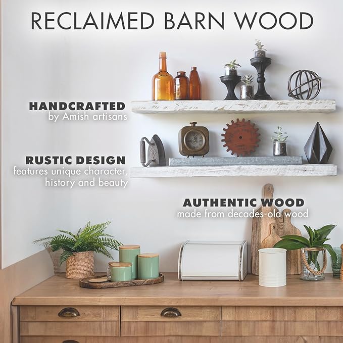 Urban Legacy Reclaimed Barnwood Planks | Floating Shelves for Wall w/Flush Mount Shelf Bracket Set Included | Set of 2 (White Wash, 40"x7"x 2")