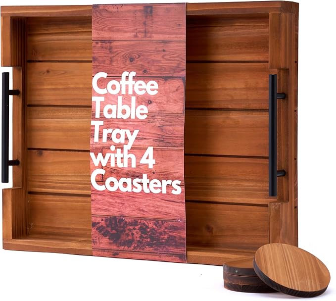 Ottoman Tray | Decorative Coffee Table Tray with Handles - Wooden, 17x13 Inch - Includes 4 Coasters - Ideal for Ottoman, Breakfast