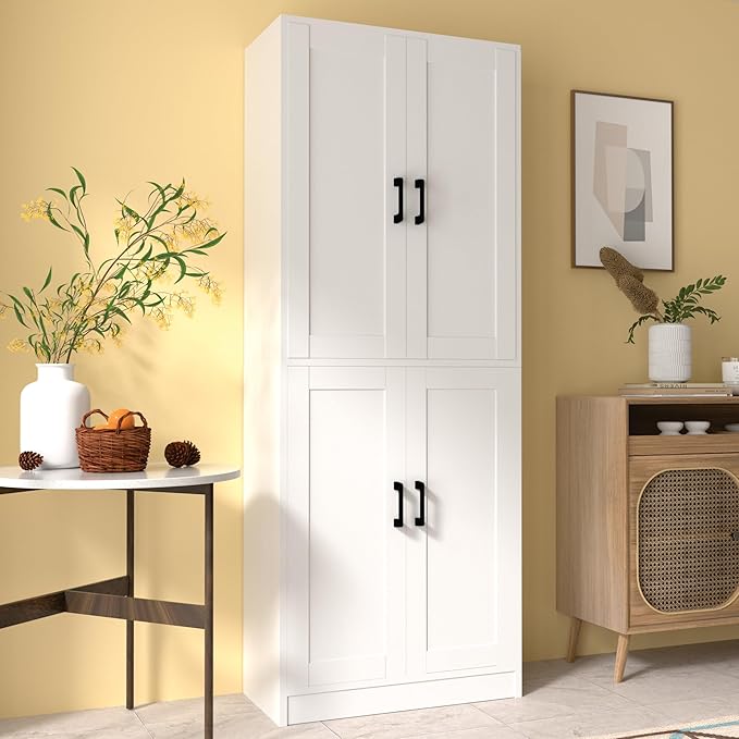White Kitchen Pantry, 71" Tall Cabinet with Doors, Hutch with Storage for Dining Room