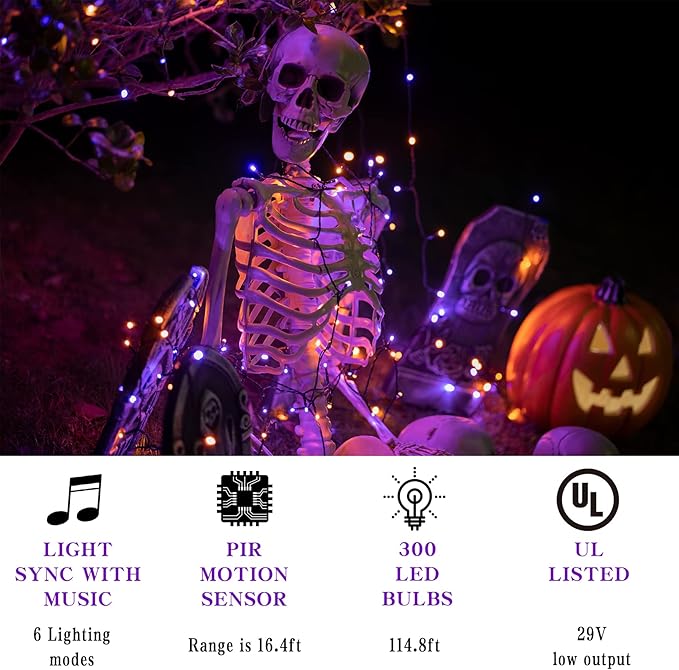 Rotu Halloween String Lights Outdoor with Music Sync Spooky Sounds 300 LED 114.8ft Indoor Fairy String Lights Waterproof Function for Halloween Party Haunted House Decorations (Purple & Orange)