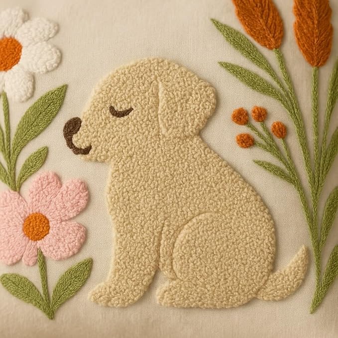 katre home madame & textile Embroidered Dog Pillow Cover – 18x18 inch Handmade Punch Needle Cushion – Boho Cotton Throw Pillow for Couch, Bed, or Gift for Dog Lovers