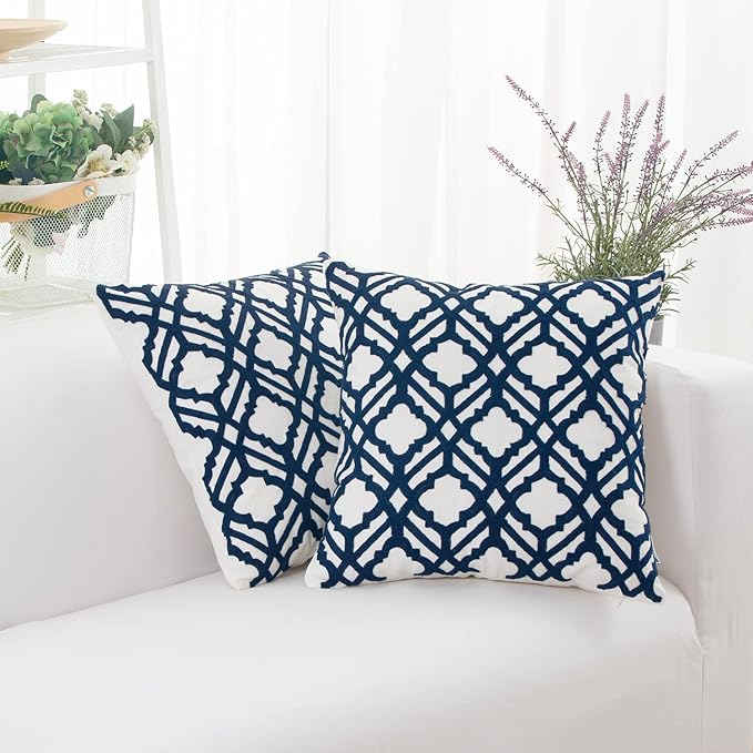 HWY 50 Dark Blue Decorative Throw Pillow Covers 18x18 Inch, Pack of 2 Embroidered Cotton Farmhouse Cushion Cover Pillow Case for Sofa Couch Living Room Bed Bedroon, Trellis