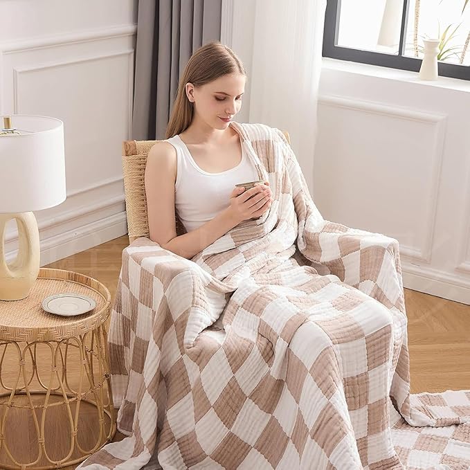 EMME Checkered Cotton Blanket Twin Large 60"x80" 100% Muslin for Couch Breathable Cooling Gauze All Season Soft and Lightweight Pre-Washed (Light Tan)
