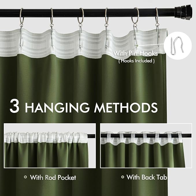 MIULEE Olive Green Back Tab Blackout Curtains 52x90 Inch Long 2 Panels Set | - Image 3