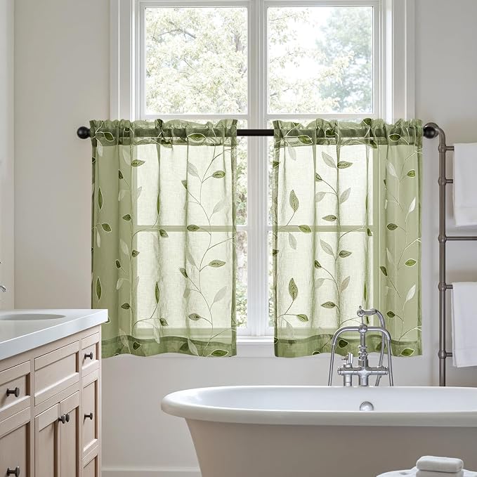 MIULEE Sage Green Sheer Curtains 2 Panels Embroidered Leaf Patterned Rod Pocket - Image 7