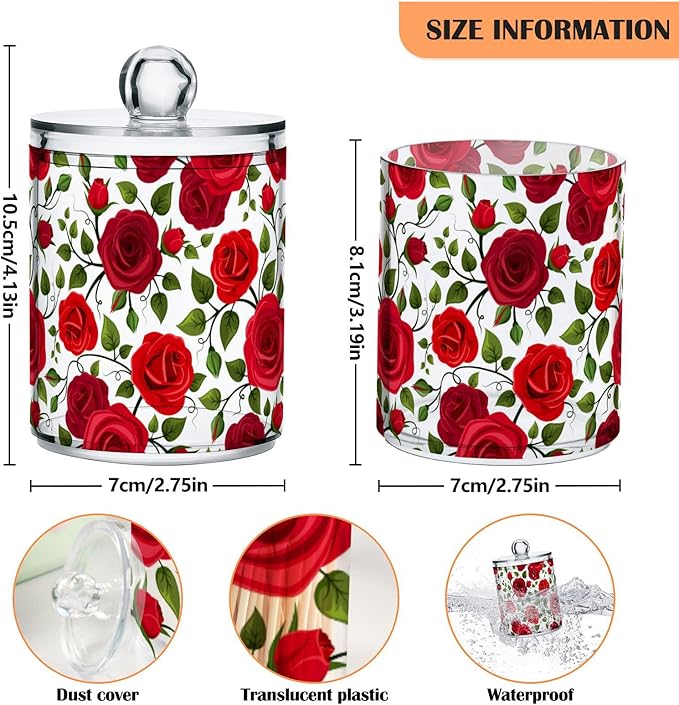 2 Pack Qtip Holder Dispenser Red Rose Flowers Bathroom Storage Canister Lid Acrylic Plastic Apothecary Jar Set Vanity Makeup Organizer for Cotton Swab/Ball/Round Pads, Floss