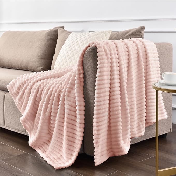BEDELITE Ribbed Jacquard Light Pink Fleece Twin Blanket - Image 7