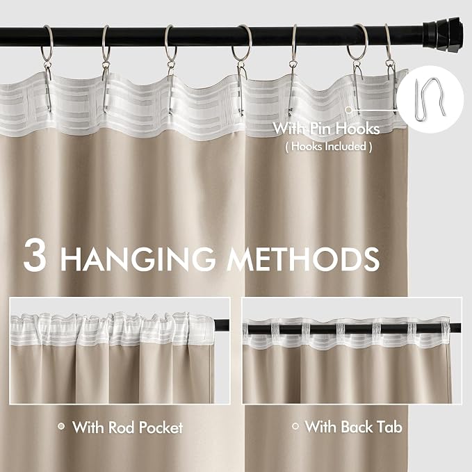 MIULEE Taupe Back Tab Blackout Curtains 52x102 Inch Long 2 Panels Set | Rod - Image 3