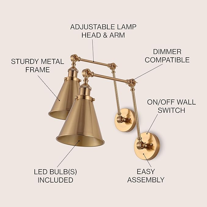 JONATHAN Y JYL7461A-SET2 Rover 7" Farmhouse Industrial Adjustable Arm Metal LED Wall Sconce Rustic Bohemian 2700K 4W Bulb for Entryway Lobby Kitchen Bathroom Bedroom Hallway, Brass Gold (Set of 2)