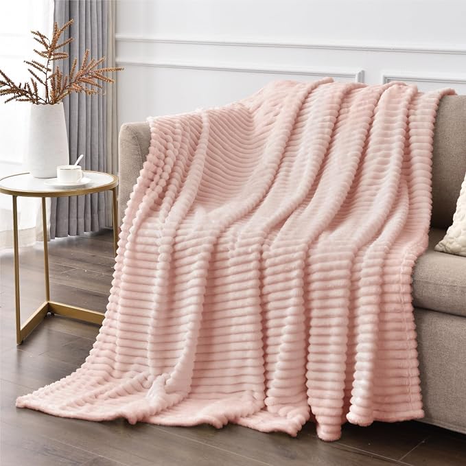 BEDELITE Ribbed Jacquard Light Pink Fleece Twin Blanket - Image 4