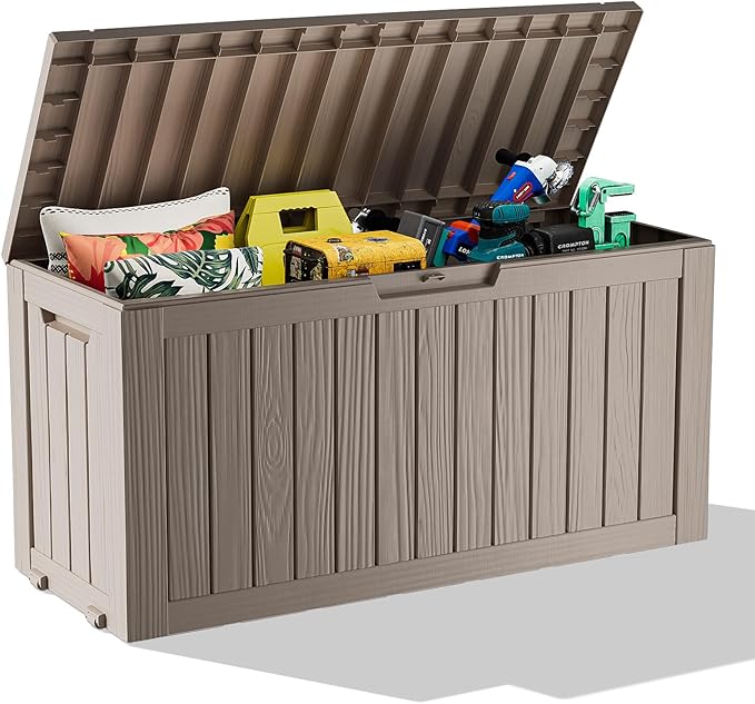 Vixzen 75 Gallon Resin Deck Box with wheels,Lockable Outdoor Storage Box for Patio Cushions Storage Furniture,Garden Tools,Weatherproof and UV Resistant- Grey