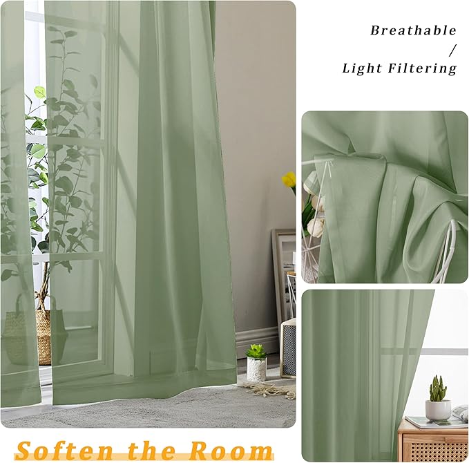 Gwine Sage Green Sheer Kitchen Curtains 36 Inch Length, Light Filtering Voile - Image 4