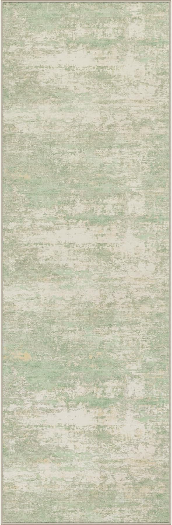 2.6x14 Washable Runner Rug:Modern Abstract Soft Carpet Green Cream | by FXRHLP