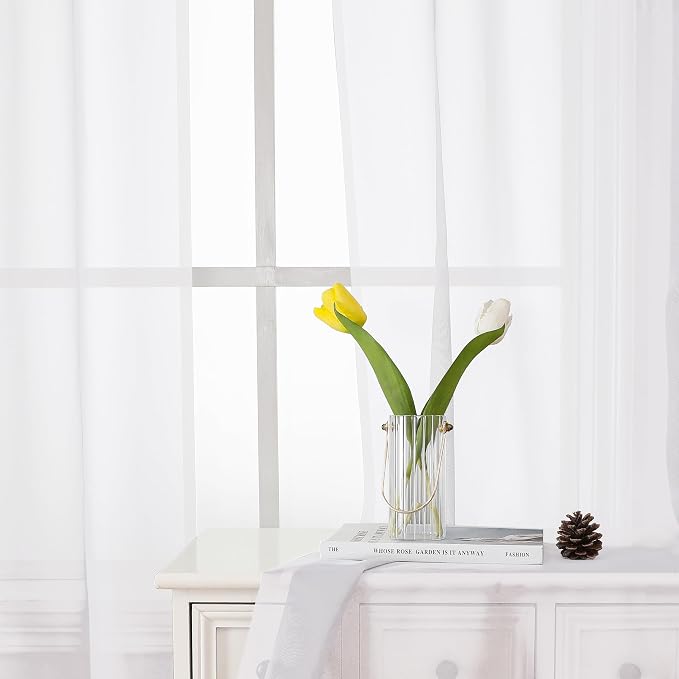 White Sheer Curtains 48 Inch Length 2 Pcs, Light Filtering Voile Bathroom - Image 4