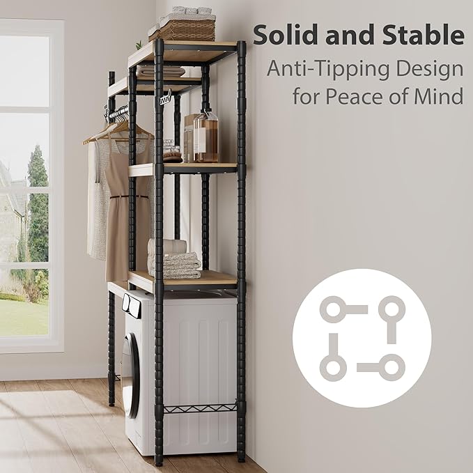 CABIHOME 5-Tier Over-The-Washer Shelf - Adjustable Height Laundry Organizer Space Saver, Double-Layer 100lb Shelves, 2 Hooks for Bathroom/Balcony (Natural& Black)