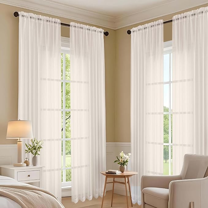 Cream Sheer Curtains 84 Inches Long 2 Panels Set, Light Filtering Sheer Curtains - Image 6