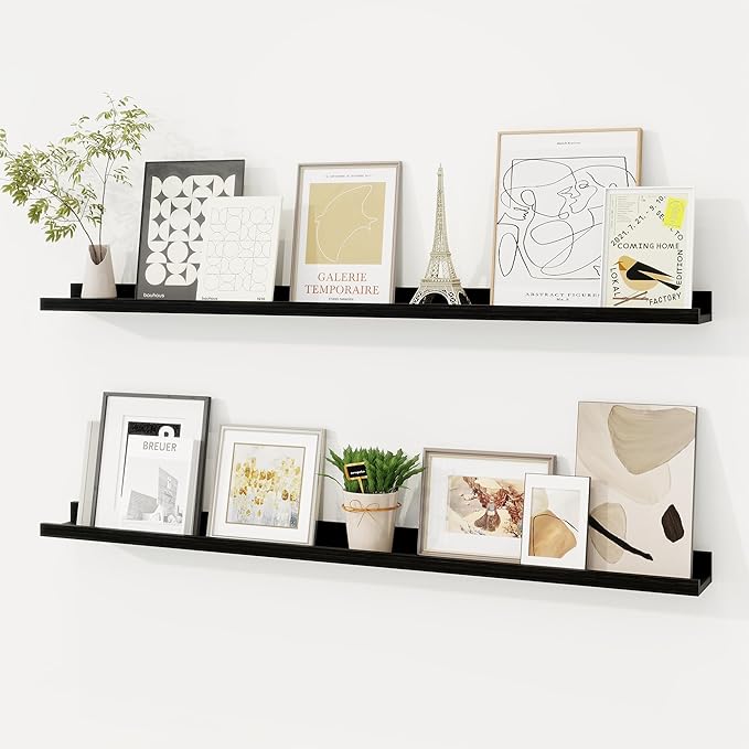 Picture Ledge Shelf, Solid Pine Wood Floating Shelves Set of 2, 40 Inches Nursery Book Shelves for Toys Storage, Kids Bookshelf Wall Mounted for Living Room Bedroom Decor Books Photo Frames, Black