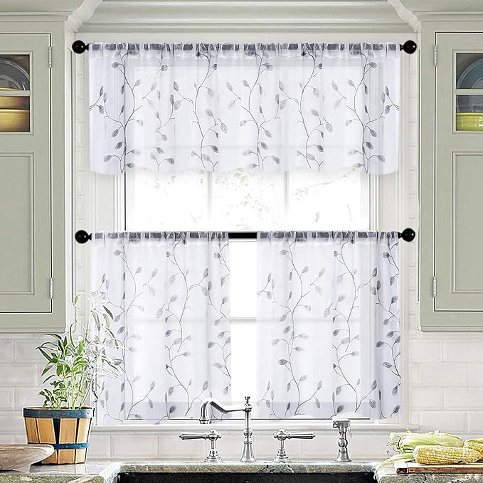 MRTREES Sheer Voile Curtain Valances 2 Panels, Leaves Embroidered Valance - Image 6