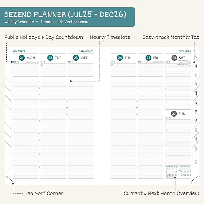 BEZEND Planner 2025-2026 Weekly and Monthly, 5.8" x 8.5" Academic Calendar (Jul 25-Dec 26) Vertical Daily Appointment with Hourly Timeslot & Monthly Tab, PU Leather Hardcover - Kiwi