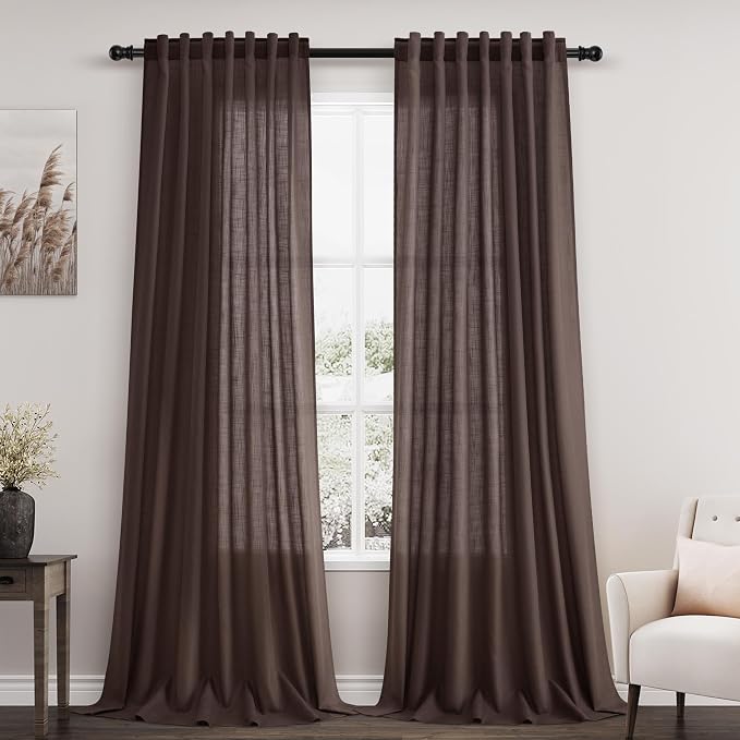 Coffee Linen Textured 96 Inch Curtains 2 Panel Set Back Tab Rod Pocket Sheer by Nanspring