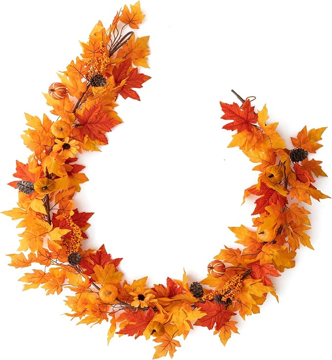 MISSPIN Fall Decor - Fall Garland - 6FT Autumn Maples Leaf Garland for Autumn Decor Hanging Vine for Halloween Thanksgiving Decor Home Wedding Fireplace Party Christmas(Orange)