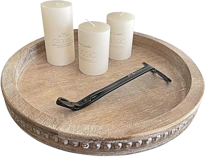 Round Wood Decorative Tray - Brown Washed Bead Tray for Coffee Table Wood Serving Tray Wooden Trays Decor Kitchen Counter Circle Tray Vintage Centerpiece for Living Room Candle Holder (15.75 inch)