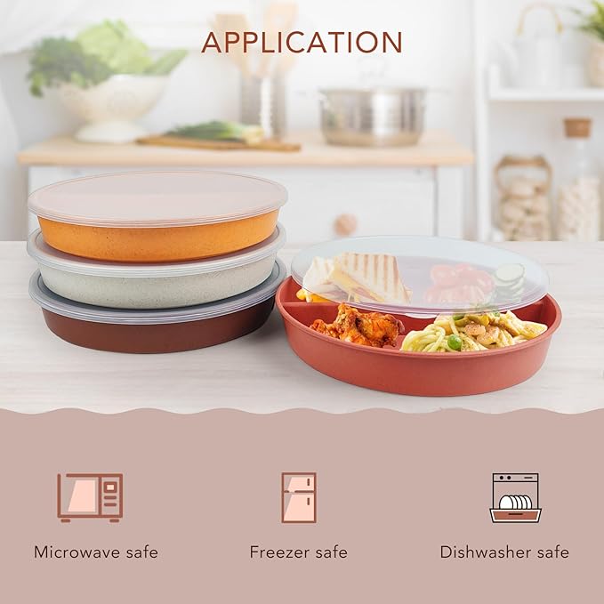 greenandlife 9 Inch 4PCS Portion Control Plates with Lids, Divided Plates for Kids Adults, Dishwasher Microwave Safe Compartment Plate Set, Unbreakable Lightweight Reusable Wheat Straw Plate, Sunset