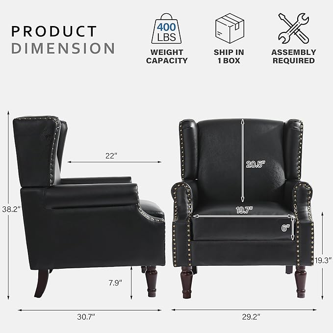 Accent Chair, Faux Leather High Back Armchair or Living Room, Comfy Upholstered Single Sofa Reading Chair with Solid Wood Legs for Office, Bedroom, Waiting Room-Black