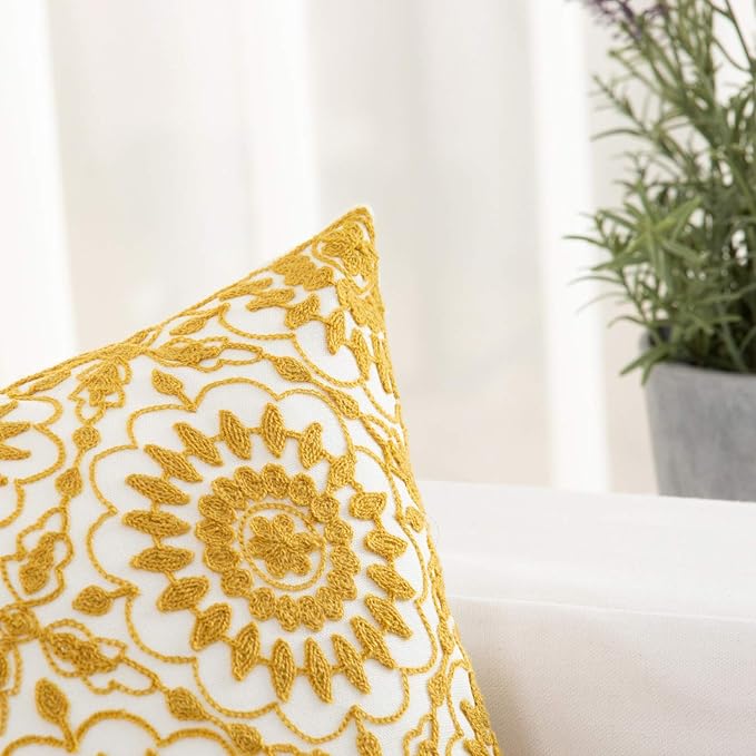 HWY 50 Mustard Yellow Decorative Throw Pillow Covers 18x18 Inch, Pack of 2 Embroidered Cotton Farmhouse Cushion Cover Pillow Case for Sofa Couch Living Room Bed Bedroon, Little Sunflower Design
