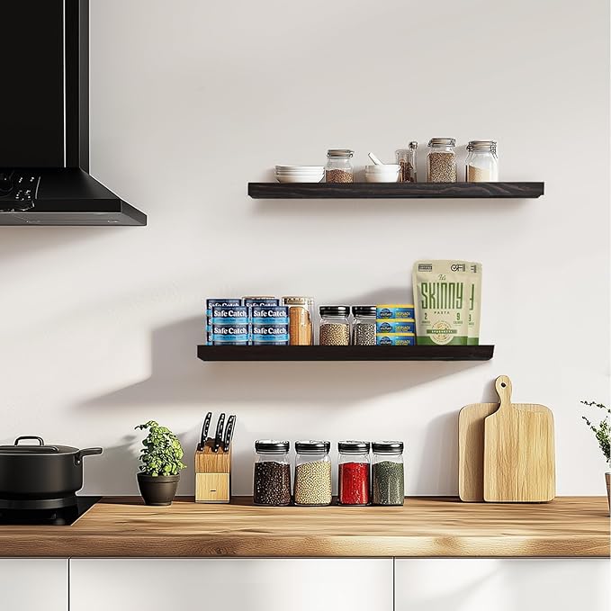 Floating Wall Shelves 2-Pack - 24-Inch Rustic Black Wooden Shelves for Storage and Décor, Easy Installation for Living Room, Bedroom, and Kitchen