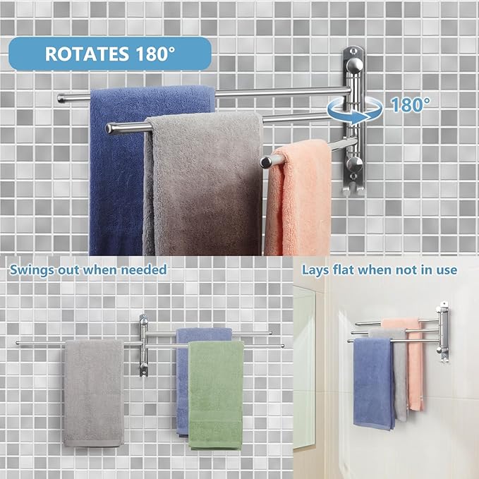 Bathroom Towel Rack JSVER 3 Arms Extended Towel Holder, Swivel Towel Bar, SUS304 Stainless Steel Space Saving Towel Racks for Bathroom, Kitchen