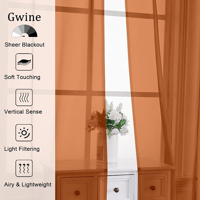 Gwine Burnt Orange Sheer Kitchen Curtains 36 Inch Length, Light Filtering Voile - Image 2