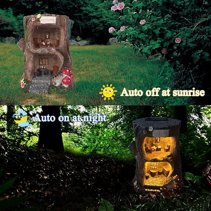 Solar Light Gnome Fairy Garden House for Outside, Big Size Fairy Miniature Buildings Accessories House Sculptures for Outdoor Garden Patio Lawn Path Decorations, 8" Tall