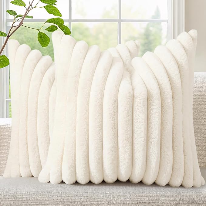 decorUhome Fall Faux Fur Throw Pillow Covers 16x16 Set of 2 Cream White | by decorUhome