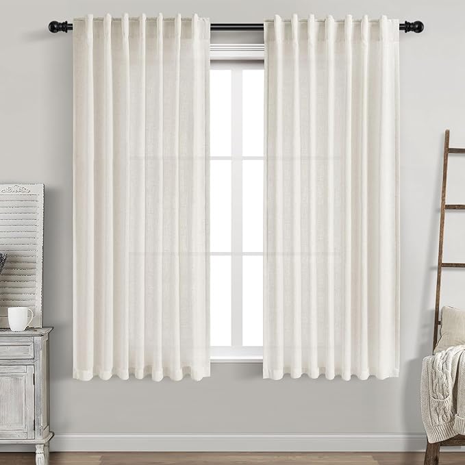 Neutral Semi Sheer Cream Linen Curtains 64 Inch Length 2 Panel Set Soft Airy by Nanspring