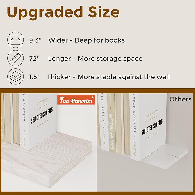72 Inch Floating Shelves, 72 x 9 Rustic Wooden Fireplace Mantel, 9 Inch Floating Shelf for Wall, Farmhouse Wall Shelves for Home Storage & Display, Brich Color, Set of 1