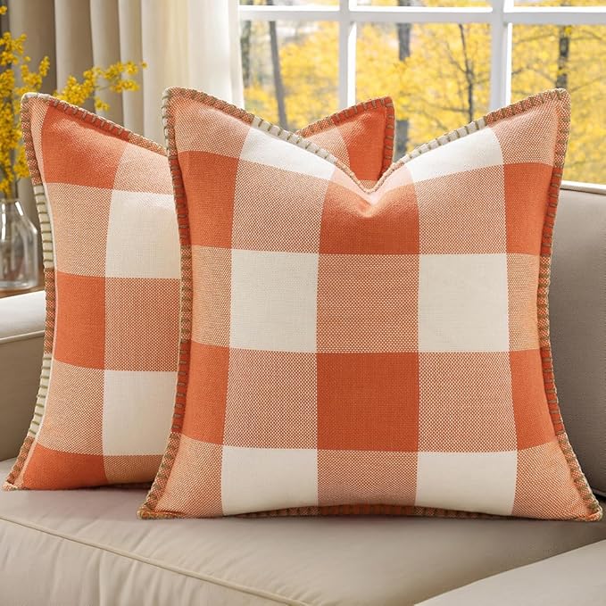 decorUhome Fall Orange and White Decorative Throw Pillow Covers 16x16 Set of 2, Buffalo Plaid Check Farmhouse Cushion Covers with Stitched Edge for Autumn Harvest Couch Sofa Bed Home Decor