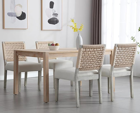 Kmax Farmhouse Dining Chairs Set of 4, Rustic Kitchen Chairs with Linen Fabric Seat and Woven Back, Vintage Accent Chairs for Dining Room, Living Room, Ivory