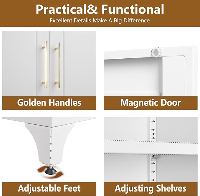 Kitchen Pantry Cabinet, 90" Tall Metal Pantry Cabinet, Food Cupboards with Doors and Shelves, Freestanding Storage Cabinets for Dining, Living Room, 16"D x 32"W x 90"H, White, Assembly Required