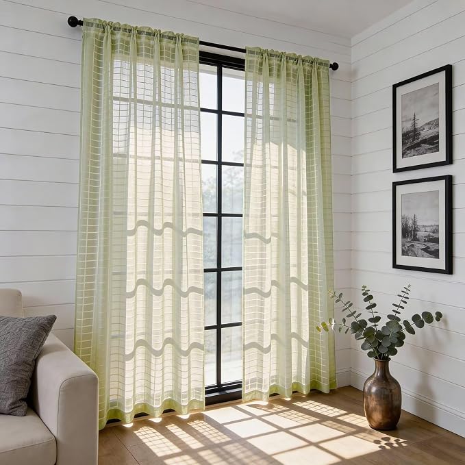 SpaceDresser Check Sheer Curtains 63 Inches 2 Panels Set, Rod Pocket Plaid - Image 4