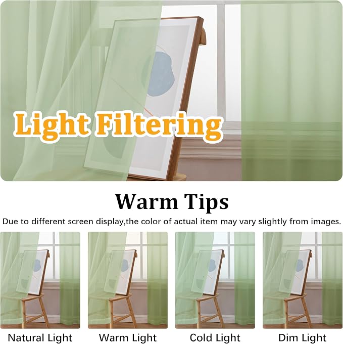 Gwine Light Green Sheer Curtains 63 Inch Length - Image 5