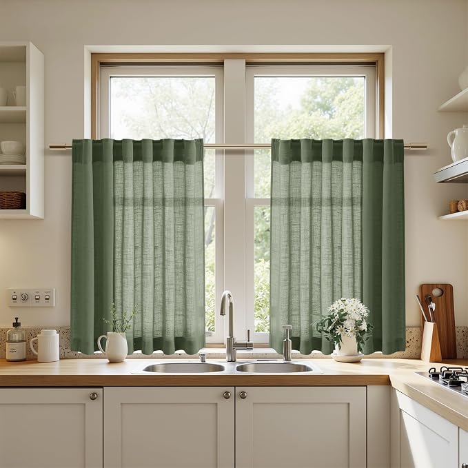 Nanspring Olive Green Cafe Linen Curtains 24 Inch Length 2 Panels Semi Sheer - Image 7
