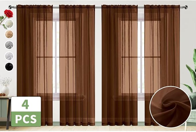 SpaceDresser Brown Sheer Curtains 4 Panels Rod Pocket Semi-Sheer Curtain 108 - Image 2