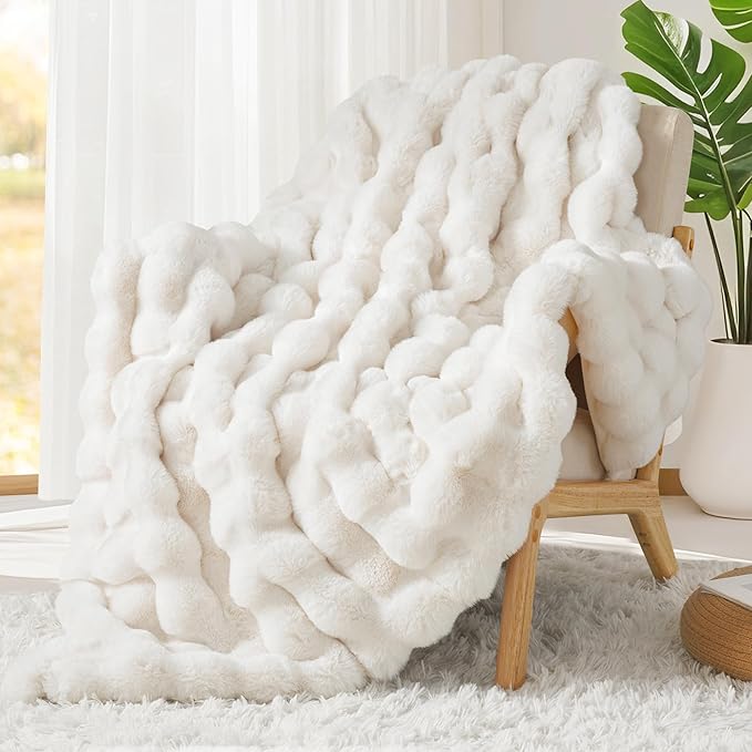 Touchat Luxury 1000GSM Rabbit Faux Fur Blanket, Super Heavy Warm Cozy Brown Blankets for Couch Bed Sofa, Ruched Plush Fuzzy Elegant Soft Reversible Mink Blanket for Living Room Bedroom, 90" x 90"